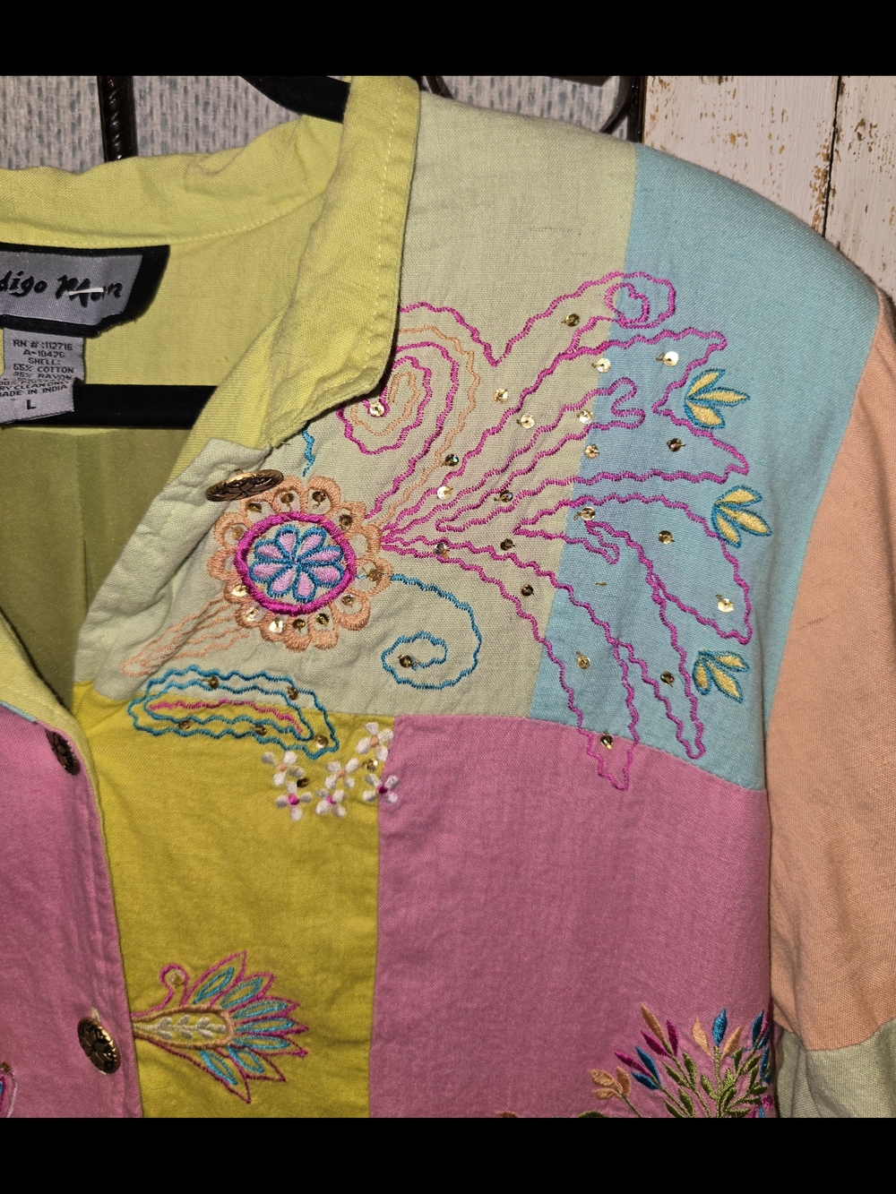 Indigo Moon Pastel Patchwork Embroidered Button Front Jacket - Picture 4 of 14
